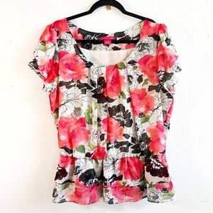 Sunny Leigh Blouse Floral Short Sleeve Scoop Neck Ruffle Peplum Hem Sz XL EUC